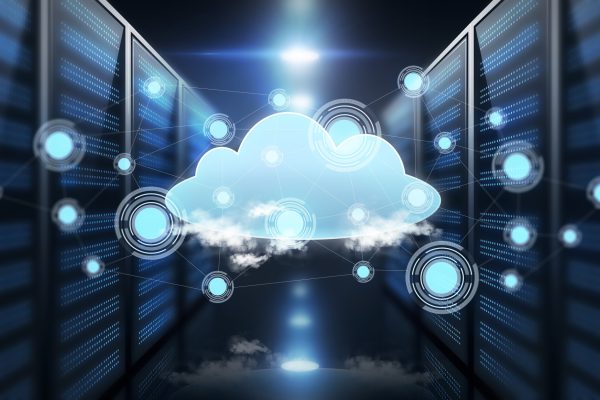 computing and technology concept - virtual cloud hologram over futuristic server room background
