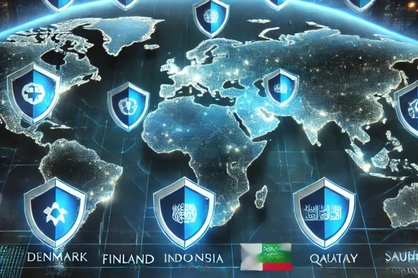 DALL·E-2025-03-17-10.39.26-A-futuristic-digital-world-map-with-glowing-blue-cybersecurity-shields-over-the-top-ranked-countries-from-the-ITU-Global-Cybersecurity-Index-2024.-The